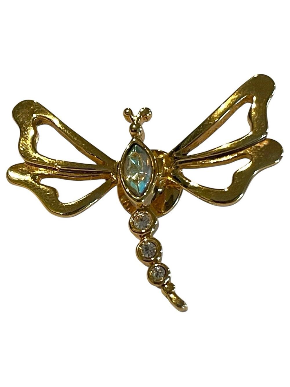 Vintage 1993 Avon Nature's Garden Rhinestone Dragonfly Tack Pin Gold Tone 1.5"